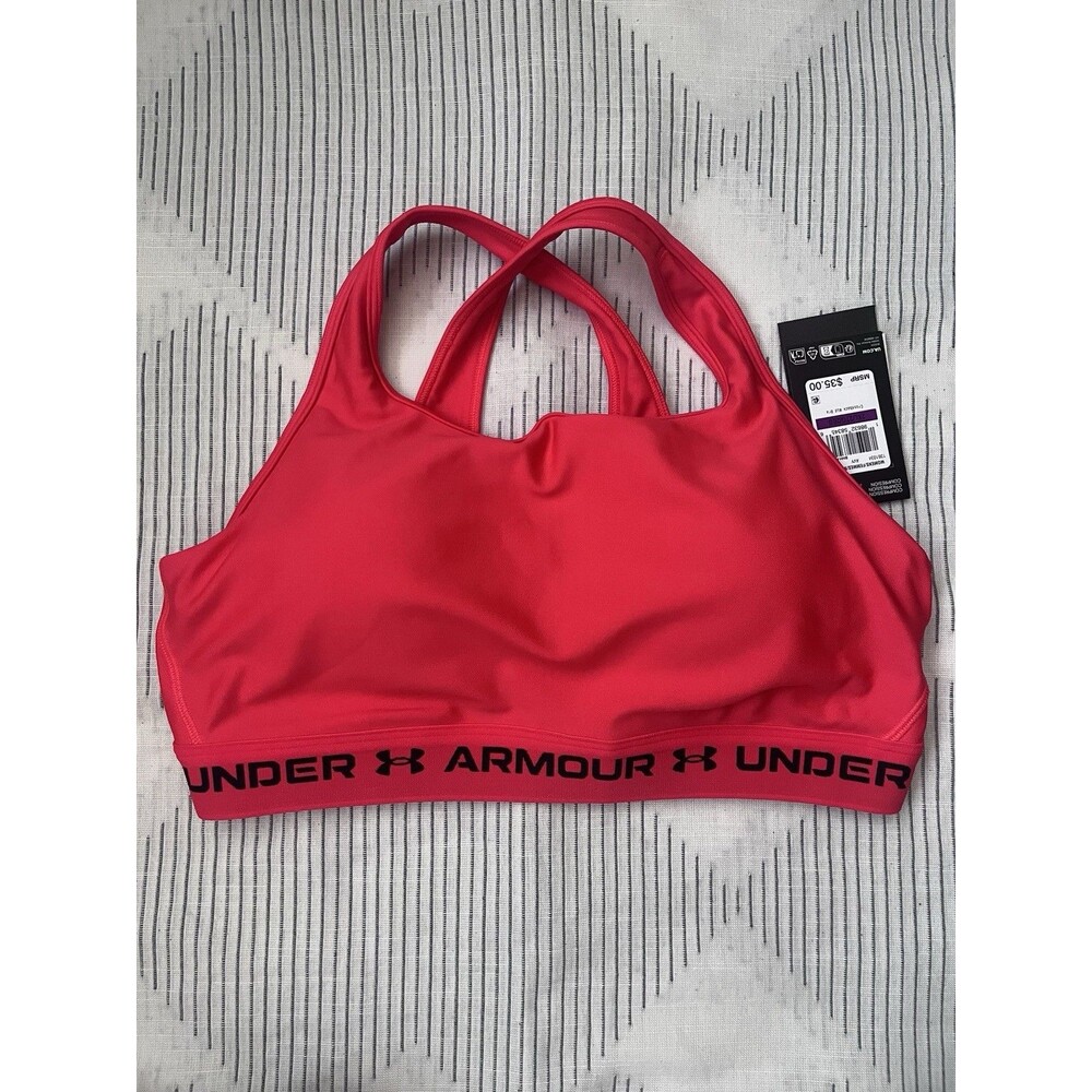 New Under Armour Women’s Compression Sports Bra Top Size 2XL Neon Coral/Black
